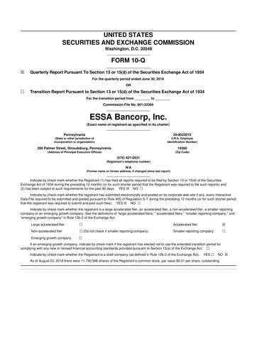 Thumbnail ESSA Bancorp 10-Q Quarterly Report FY2018 