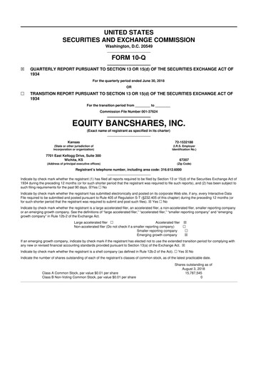 Thumbnail Equity Bancshares 10-Q Quarterly Report FY2018 