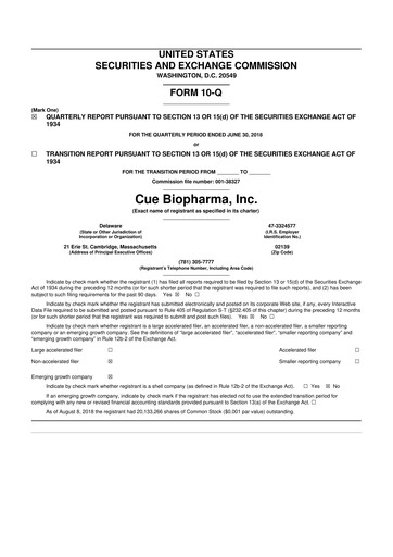 Vorschaubild Cue Biopharma 10-Q Quartalsbericht 2018 