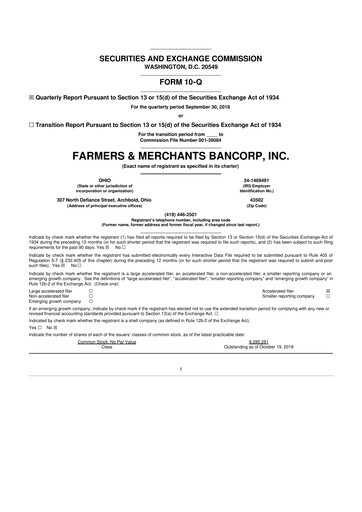 Thumbnail Farmers & Merchants Bancorp 10-Q Quarterly Report FY2018 