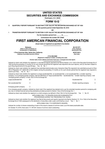 Miniature First American Financial Corporation 10-Q Rapport trimestriel 2018 