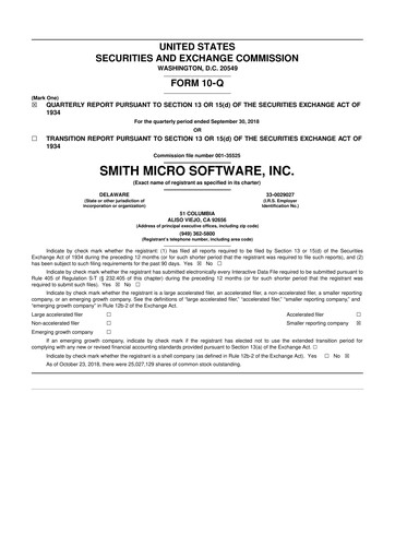 Miniature Smith Micro Software
 10-Q Rapport trimestriel 2018 