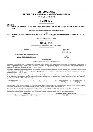 Thumbnail Saia
 10-Q Quarterly Report FY2018 
