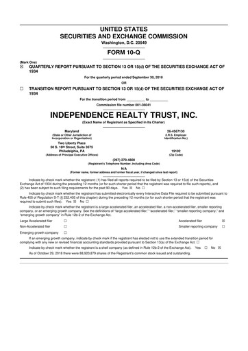 Thumbnail Independence Realty Trust
 10-Q Quarterly Report FY 