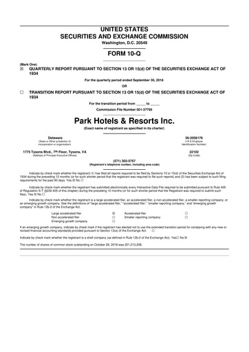 Thumbnail Park Hotels & Resorts

 10-Q Quarterly Report FY2018 