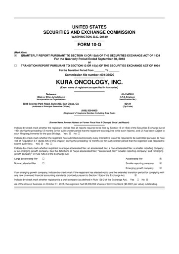 Miniature Kura Oncology
 10-Q Rapport trimestriel 2018 