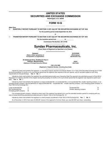 Thumbnail Syndax Pharmaceuticals 10-Q Quarterly Report FY 