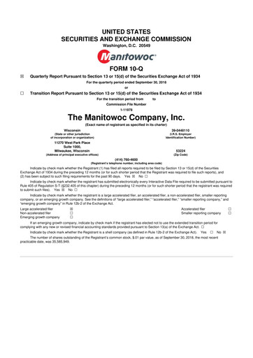 Thumbnail The Manitowoc Company
 10-Q Quarterly Report FY2018 