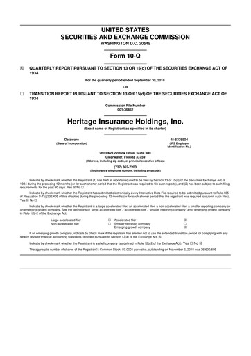 Thumbnail Heritage Insurance 10-Q Quarterly Report FY2018 