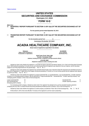 Thumbnail Acadia Healthcare
 10-Q Quarterly Report FY2018 