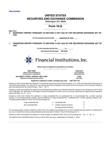 Thumbnail Financial Institutions 10-Q Quarterly Report FY 