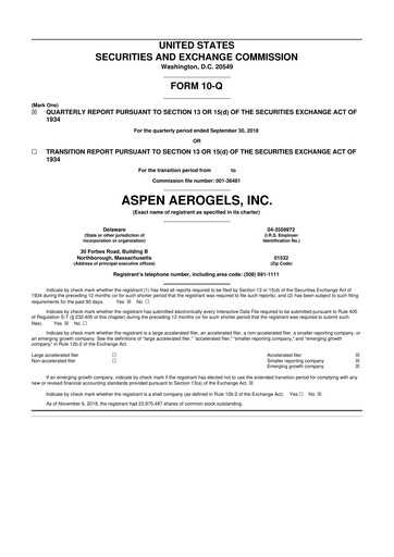 Miniature Aspen Aerogels 10-Q Rapport trimestriel 2018 