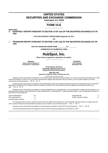 Thumbnail HubSpot 10-Q Quarterly Report FY2018 