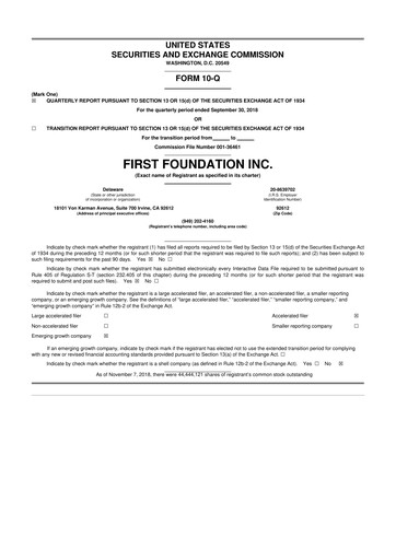 Thumbnail First Foundation
 10-Q Quarterly Report FY2018 