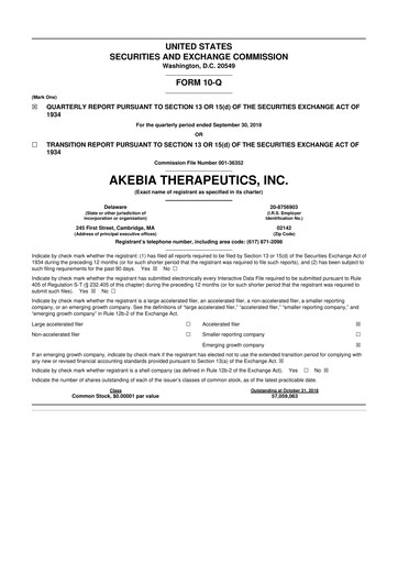 Vorschaubild Akebia Therapeutics 10-Q Quartalsbericht 2018 