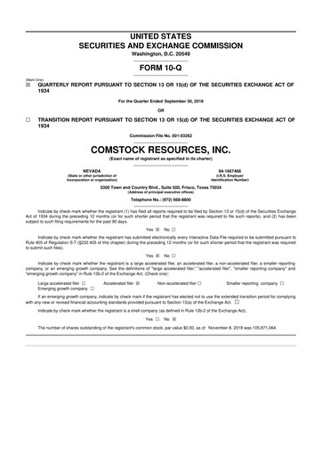 Thumbnail Comstock Resources 10-Q Quarterly Report FY2018 