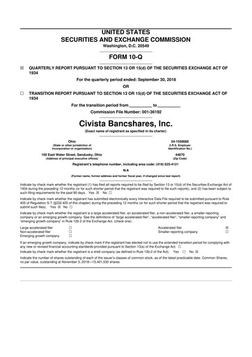 Thumbnail Civista Bancshares
 10-Q Quarterly Report FY2018 