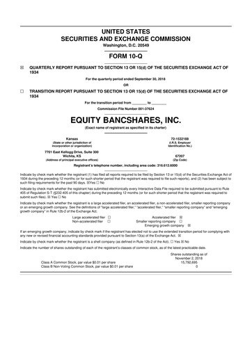 Thumbnail Equity Bancshares 10-Q Quarterly Report FY2018 