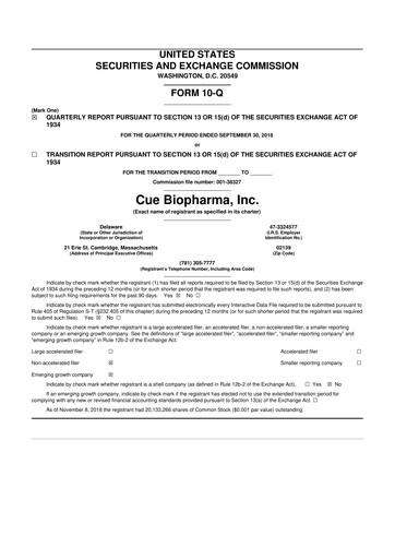 Vorschaubild Cue Biopharma 10-Q Quartalsbericht 2018 