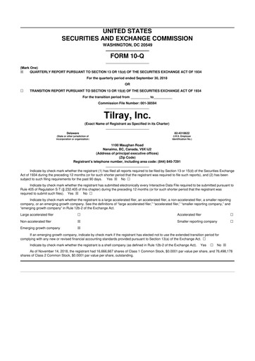 Miniature Tilray Brands
 10-Q Rapport trimestriel 2018 