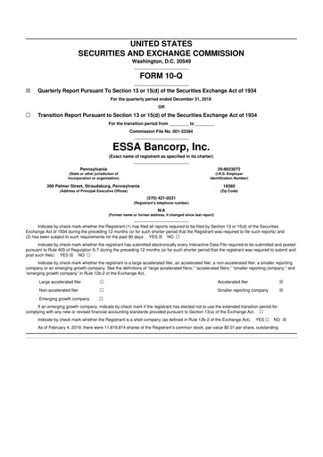 Thumbnail ESSA Bancorp 10-Q Quarterly Report FY2019 
