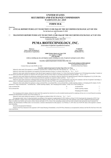 Miniature Puma Biotechnology 10-K Rapport annuel 2018