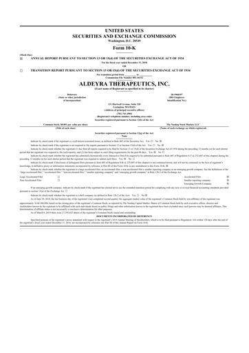 Miniature Aldeyra Therapeutics
 10-K Rapport annuel 2018