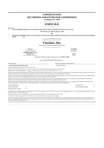 Miniature Vaccinex 10-K Rapport annuel 2018