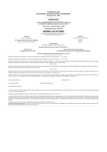 Thumbnail Sierra Bancorp
 10-K Annual Report 2018