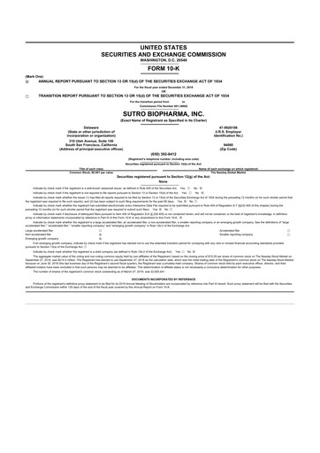 Thumbnail Sutro Biopharma 10-K Annual Report 2018