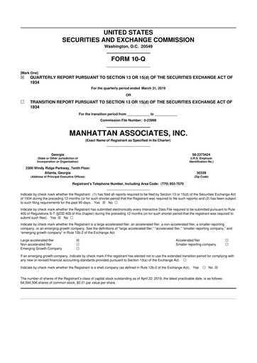 Thumbnail Manhattan Associates
 10-Q Quarterly Report FY2019 