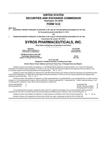 Thumbnail Syros Pharmaceuticals
 10-Q Quarterly Report FY2019 