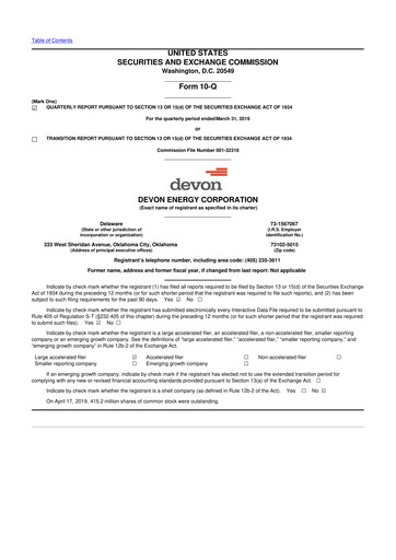 Thumbnail Devon Energy
 10-Q Quarterly Report FY2019 