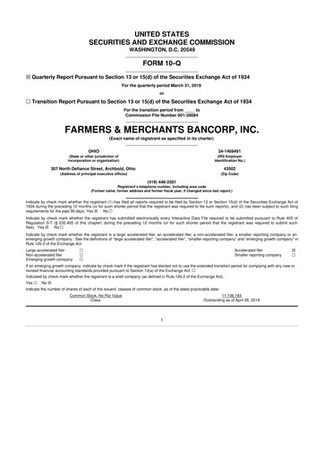 Thumbnail Farmers & Merchants Bancorp 10-Q Quarterly Report FY2019 