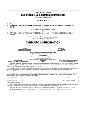 Thumbnail Digimarc
 10-Q Quarterly Report FY2019 