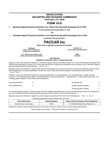 Thumbnail Paccar 10-Q Quarterly Report FY2019 