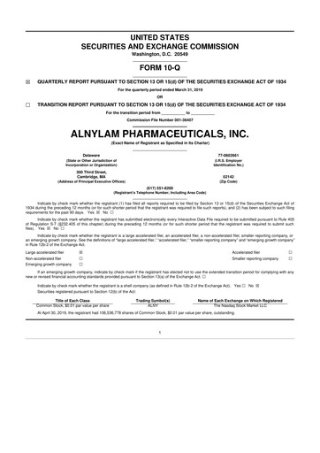 Thumbnail Alnylam Pharmaceuticals
 10-Q Quarterly Report FY2019 