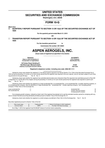Miniature Aspen Aerogels 10-Q Rapport trimestriel 2019 