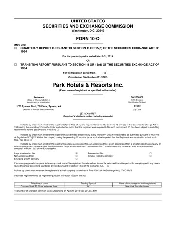 Thumbnail Park Hotels & Resorts

 10-Q Quarterly Report FY2019 