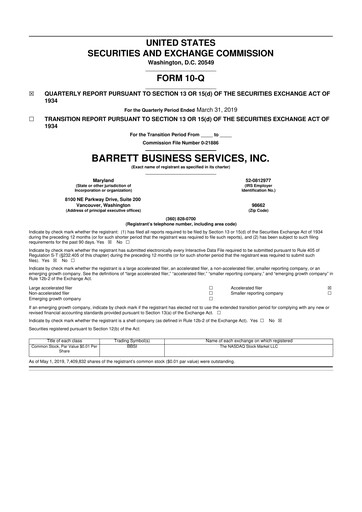 Thumbnail Barrett Business Services 10-Q Quarterly Report FY2019 