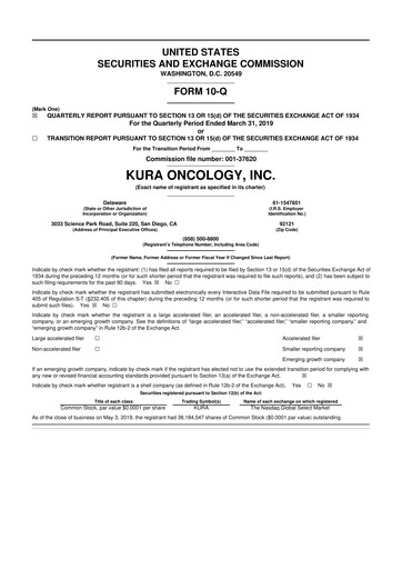 Miniature Kura Oncology
 10-Q Rapport trimestriel 2019 