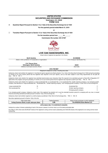 Thumbnail Live Oak Bank
 10-Q Quarterly Report FY2019 