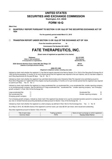 Thumbnail Fate Therapeutics
 10-Q Quarterly Report FY2019 