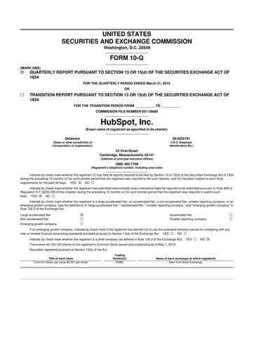 Thumbnail HubSpot 10-Q Quarterly Report FY2019 