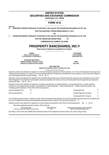 Thumbnail Prosperity Bancshares
 10-Q Quarterly Report FY2019 