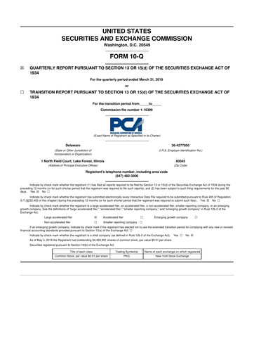 Thumbnail Packaging Corporation of America
 10-Q Quarterly Report FY2019 