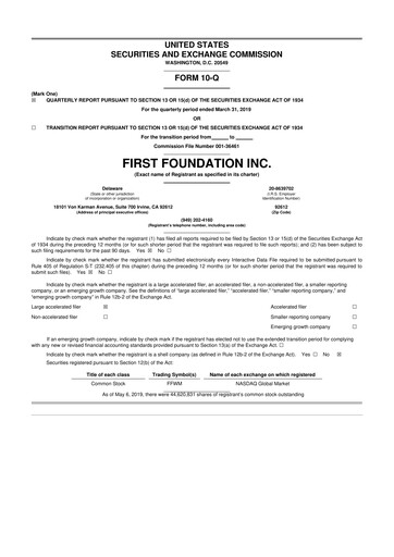Thumbnail First Foundation
 10-Q Quarterly Report FY2019 