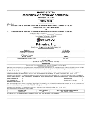 Thumbnail Primerica
 10-Q Quarterly Report FY2019 