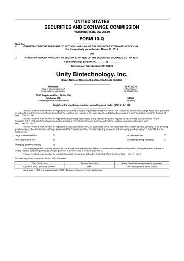Vorschaubild Unity Biotechnology
 10-Q Quartalsbericht 2019 