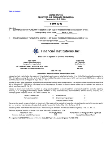 Thumbnail Financial Institutions 10-Q Quarterly Report FY 